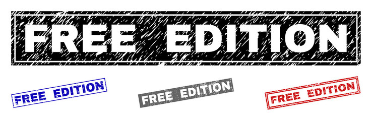 Grunge FREE EDITION rectangle stamp seals isolated on a white background. Rectangular seals with grunge texture in red, blue, black and grey colors.