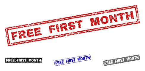 Grunge FREE FIRST MONTH rectangle stamp seals isolated on a white background. Rectangular seals with grunge texture in red, blue, black and gray colors.