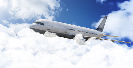 Fototapeta na wymiar Flugzeug fliegt durch Wolken