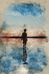 Watercolour painting of Concept image of young boy walking on water in sunset landscape
