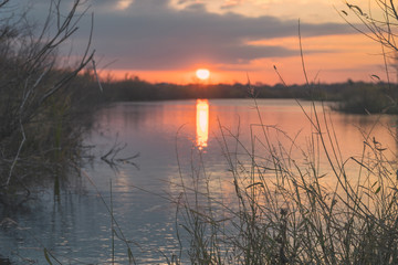 Fototapeta na wymiar Sunset or sunrise on the cloudy sky on the lake