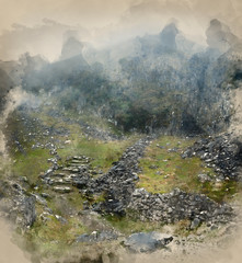 Watercolour painting of Dramatic Autumn Fall landscape of rocky hills in Yorkshire Dales England