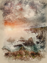 Watercolour painting of Dramatic stormy sunrise landscape over Bull Point in Devon England