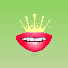 vector illustration of red plump glamorous lips with a gold crown