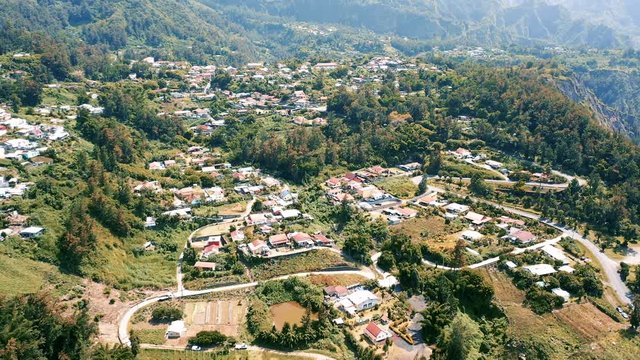Aerial view over the town of Hell-Bourg, a community in the Cirque de Salazie region of Reunion Island