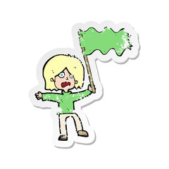 retro distressed sticker of a cartoon woman waving green flag