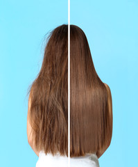 Woman before and after hair treatment on color background