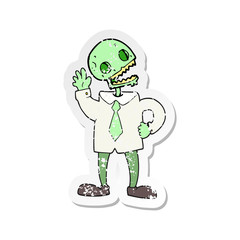 retro distressed sticker of a cartoon zombie businessman