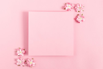 Flowers composition creative. Pink flowers, empty paper on pastel pink background. Flat lay, top view, copy space