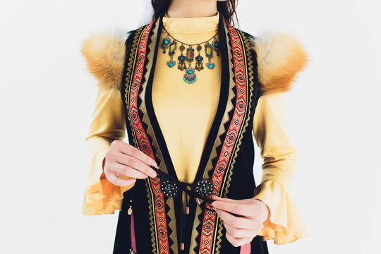 national Bashkir costumes. peoples of Russia. Tatars on white background studio.