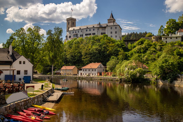 Rozmberk nad Vltavou,Cesky Republik-10May2018;View of the historic City Rozmberk nad Vltavou in the Czech Republic with historic buildings, churches and narrow streets in front of blue sky