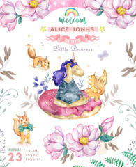 Watercolor isolated cute watercolor unicorn and sqirrel clipart. Nursery unicorns illustration. Princess unicorns poster. Trendy pink cartoon horse. Birthday invite.