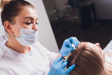 Platelet rich plasma injection procedure. Hair growth stimulation. PRP therapy process.