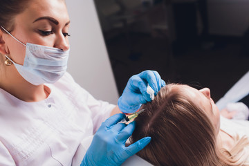 Platelet rich plasma injection procedure. Hair growth stimulation. PRP therapy process.