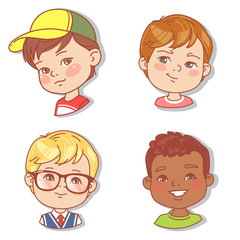 Set with boy's faces. Userpics for blog. Avatar collection of boy faces. Vector illustration of different  kids  portraits in circle. Various color of hair, eyes, skin, nation. Vector illustration.