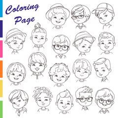 Coloring page. Collection of young boys portraits with different hairstyles Outline sketch, pencil strokes. man haircut set.Nice boys, teenagers. Children models.Monochrome vector illustration.