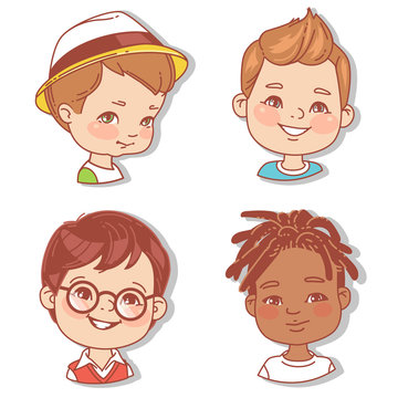 Set with boy's faces. Userpics for blog. Avatar collection of boy faces. Vector illustration of different  kids  portraits in circle. Various color of hair, eyes, skin, nation. Vector illustration.