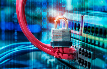 network and data protection concept with padlock and switch cable