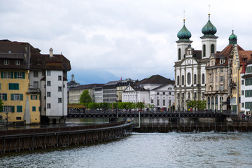 Fototapeta na wymiar Lucerne (Luzern) Jesuit catholic church, Panoramic view to Lucerne lake. 