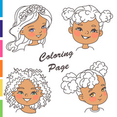 Coloring page. Young girl portraits with different hairstyles Outline sketch, pencil strokes. Woman haircut set.Beautiful women. Children models.Monochrome vector illustration.