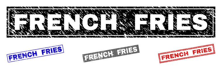 Grunge FRENCH FRIES rectangle stamp seals isolated on a white background. Rectangular seals with grunge texture in red, blue, black and gray colors.