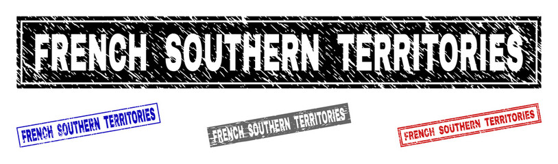 Grunge FRENCH SOUTHERN TERRITORIES rectangle stamp seals isolated on a white background. Rectangular seals with grunge texture in red, blue, black and gray colors.