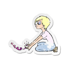 retro distressed sticker of a cartoon girl playing computer games