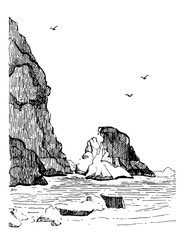 Sea landscape with water and rocks. Sea hand drawn sketch illustration.Engraving landscape.