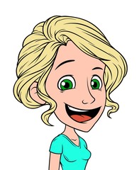 Cartoon blonde smiling girl character with green eyes. Isolated on white background. Vector icon avatar.