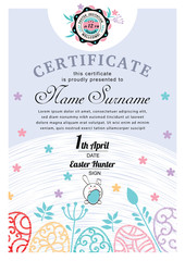 Easter white blue certificate with bunny, multicolored ornamental eggs