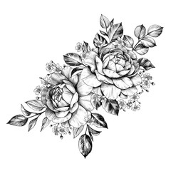 Hand drawn Floral Bunch with Roses and Gypsophila