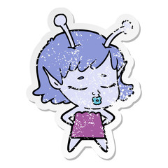 distressed sticker of a cute alien girl cartoon