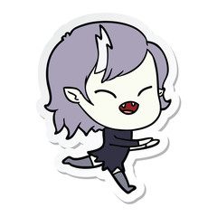 sticker of a cartoon laughing vampire girl running