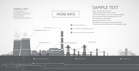 Nuclear power plant, with electric pylons, power supply to the city, infographics.