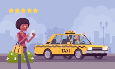 Good car and driver in taxi rating app system. Happy female passenger ranking with smartphone application vehicle, service quality, route, price, safety performance at five stars. Vector illustration © andrew_rybalko