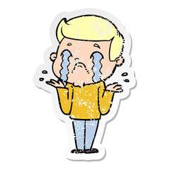 distressed sticker of a cartoon man crying