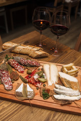 Cheese, sausages and red wine as an appetizer
