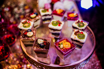 Multi Colored desserts are laid out on the tray