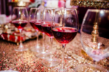 Wine glasses are on the festive table