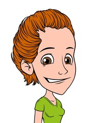 Cartoon redhead funny smiling girl character. Isolated on white background. Vector icon avatar.