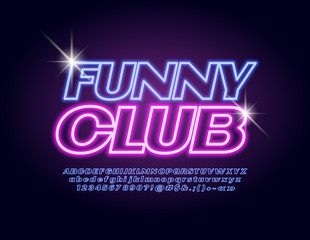 Vector neon emblem Funny Club. Colorful Set of Alphabet Letters. Bright blue Font.