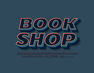 Vector stylish Emblem Book Shop. Bright 3D Font. Colorful Alphabet Letters, Numbers and Symbols. 