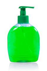 Green liquid soap in plastic pump bottle. Concepts of hygiene