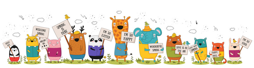 Vector poster with cartoon funny animals with a transparency with the spring slogan