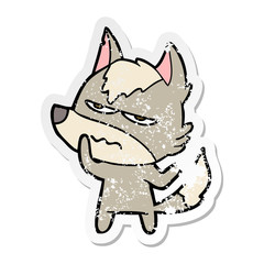 distressed sticker of a cartoon annoyed wolf