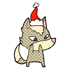 shy comic book style illustration of a wolf wearing santa hat