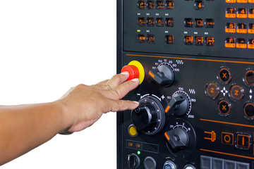 operator use finger press emergency stop of control panel cnc lathe machine or machining center isolated on white background with clipping path