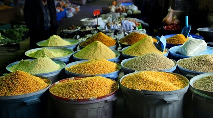 Traditional spices and dry fruits in local bazaar in turkey