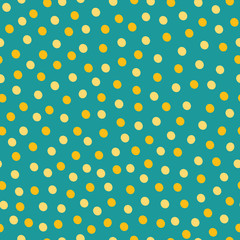 Gold and yellow hand drawn scattered polka dot pattern on turquoise background. Seamless vector design with fresh vibe. Great for wellbeing, organic, gardening products, giftwrap, stationery