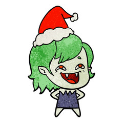 textured cartoon of a laughing vampire girl wearing santa hat